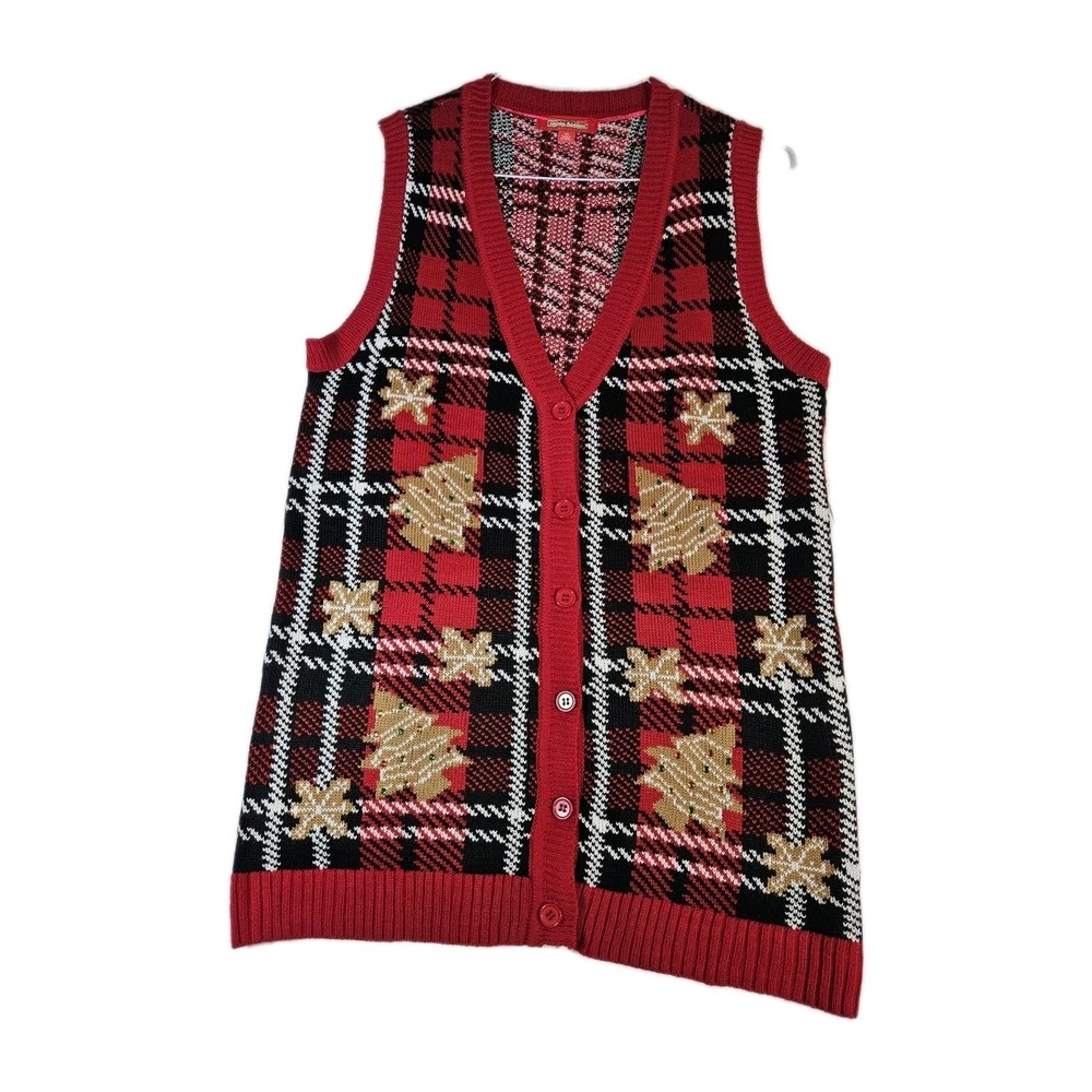 Holiday Traditions XL Classic Red Plaid Christmas Tree Sweater Vest Button Front